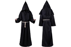 Aicerous® Disfraz Monje Medieval, Disfraz Sacerdote Hombres con Capucha, Disfraz Fraile Renacimiento Medieval, para Carnaval, Mascarada, Halloween, Negro