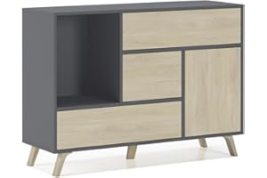 Skraut Home - Madia per Soggiorno o Sala da Pranzo - 86 x 120 x 40 cm - Buffet con 1 Anta + 3 Cassetti - Modello Wind - Legno Resistente - Finitura Grigio/Rovere