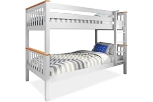 Blisswood Bunk Bed Double Bed, 3ft Wooden Bunk Beds With Ladder Twin Sleeper Kids Bunk Bed Solid Pine Wood Frame Single Double Bed frame For Kids Children Home (White & Pine,L198 cm x W98 cm x H145)