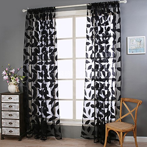 1er Pack Blätter Muster Garn Gardine Wohnzimmer Vorhänge, Schwarz, B/H 100cm/200cm