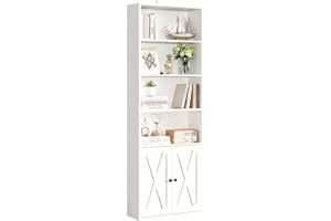 IRONCK Bookcase 6-Tier, Bookshelf with Doors, 180cm Tall Living Room Bookcases, Display Shelf Storage, Freestanding Book Shelf Unit for Home Office, Dinning Room, 60x23.5x180cm (White)