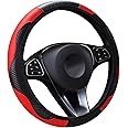 LMYDIDO Car Steering Wheel Cover Leather, Anti-slip Breathable Carbon Fiber Sports Elastic Band Without Inner Ring Steering Wheel Cover Universal Size 37-39cm /14.5-15inch (Red)