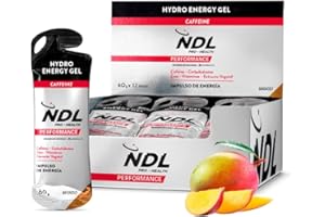 NDL Pro-Health Hydro energy gel - Gel energético deportivo con carbohidratos y sales minerales, bajo en azúcar, aporte energético inmediato, apertura fácil, con cafeína, sabor mango-melocotón, Pack 12