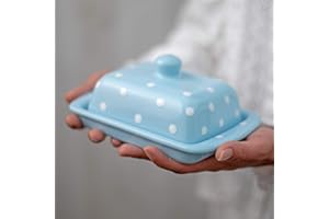 City to Cottage Beurrier bleu ciel à pois blancs en céramique fait et peint à la main