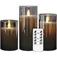 GenSwin LED Flameless Flickering Battery Operated Candles with 10-Key Remote Control, Real Wax Moving Wick Pillar Glass Candles for Festival Wedding Christmas Home Party Decor(Pack of 3, Gray)