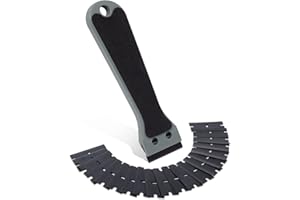 FOSHIO Raschietti in plastica per rasoi a manico lungo multiuso con adesivo antiscivolo EVA con 20 lame in raschietto in plastica, raschietto pulizie adesivo per decalcomanie, grigio