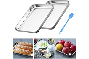 THATSRAD 2 PCS Plaque de Cuisson en Acier Inoxydable 26*20*2.5cm Plaque à Pâtisserie pour Four Plaque à Pâtisserie Antiadhésive Plat de Cuisson Rectangulaire avec 1 Brosse Silicone pour Viande Légume