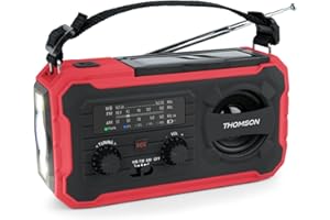 THOMSON Radio Solaire d’Urgence Portable, Survie Dynamo FM/AM, Lampe Torche LED, Alarme SOS, Batterie Rechargeable 4000mAh et Chargeur Téléphone USB-C, pour Camping, Secours - Rouge - RT280R