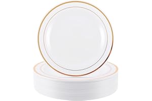 APACALI 50 platos de plástico blancos reutilizables con borde dorado, platos de plástico de 20 cm, platos de fiesta reutilizables dorados para bodas, fiestas, cumpleaños