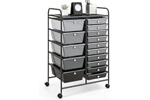 GIANTEX Rollwagen mit 15 Schubladen stapelbar, Schubladenwagen Badrollwagen Küchenwagen mit feststellbaren Rollen, Aufbewahrungswagen Haushaltswagen für Küche Bad Büro 63x37x87 cm (Hellgrau+Schwarz)