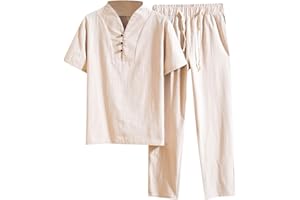 Caxndycing Traje de lino de dos piezas para hombre, de algodón, para verano, deporte, ocio, manga corta, camisas, pantalones de lino