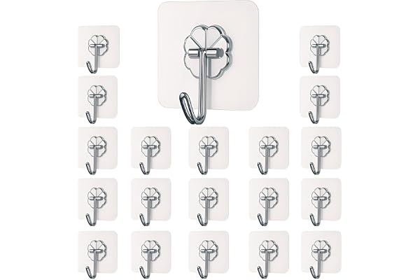 DALUCI Self Adhesive Wall Hooks - 20 Pcs Heavy Duty Wall Hooks for Hanging Nail Free Sticky Hooks for Wall Heavy Items Without Drilling, Transparent Wall Hanger Hook (Flower Hook, 20)