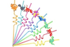 BELUGSIN 8 Piezas Pajitas Plastico Pajitas Rizadas Dinosaurier Pajitas de Plastico Reutilizables para Decoraciones de Fiesta, Suministros de Decoración de Fiestas de Reunión Familiar