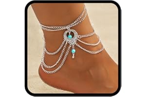 Yean Bracelet de cheville superposé en argent au style bohémien pour femme et fille - Pierre Turquoise