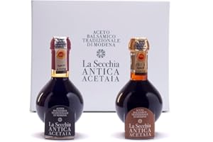 La Secchia - "Duetto", Duo de Vinaigre Balsamique Traditionnel de Modène DOP avec Vieillissement de 20 et 35 Ans, Deux Flacons de 100 ml avec Étui et Doseur en Liège et Verre Soufflé