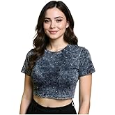 Women's Acid Wash Crop Top, Short Sleeve, Casual T-Shirt, Black