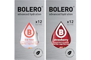 GENERIC SET 24 BOLERO bustine da 3 grammi 12 Ice Tea Peach Pesca + 12 Strawberry Fragola Preparato istantaneo per Bevande con Stevia e Vitamina C e Senza Zucchero