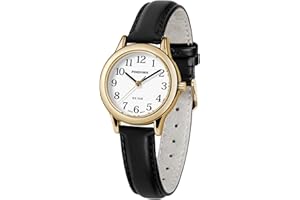 PINDOWS Minimalistische Uhren für Damen, Goldton-Gehäuse mit schwarzem Lederarmband, Modisch, Elegante Quarz-Analoguhr für den täglichen Gebrauch