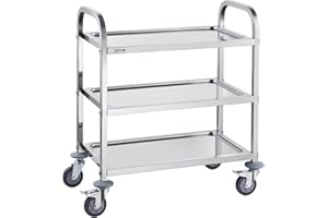 VEVOR Chariot de Laboratoire à 3 Étages Chariot à Service Médical 74x39,6x86 cm Desserte en Acier Inoxydable Charge 181 kg Déplacement Silencieux pour Rangement Clinique Cuisine Hôtel Salon de Beauté