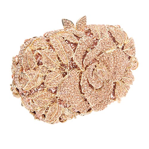 Bonjanvye Shining Studded Rhinestone Rose Flower Clutch Purses and Handbags for Ladies Rose Gold