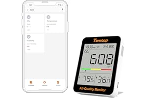 Temtop Monitor de CO2 Monitor de Calidad del Aire Interior con Conectividad BLE App Medidor Portátil de CO2 Temperatura Humedad para el Hogar Oficina o Escuela C1+