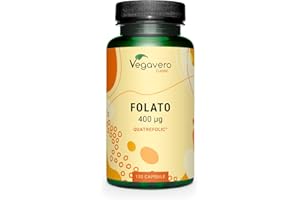 ACIDO FOLICO Vegavero® | 400 mcg | L-Metilfolato 5MTHF (Quatrefolic®) dall'Italia | L’UNICO SENZA ADDITIVI | Folato Attivo Certificato in Laboratorio | Folic Acid | 120 capsule | Vegan