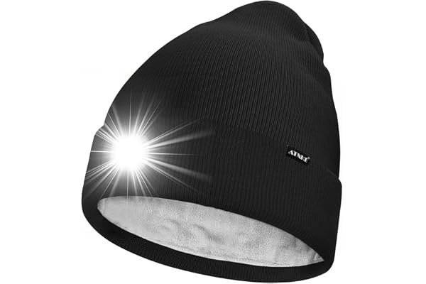 ATNKE LED Bonnet Lampe Frontale,USB Rechargeable 4 LED Chapeau de Course Ultra Lumineux Lumière Hiver Chaud Polaire Doublée Tricot Bonnet Cadeaux pour Hommes et Femmes