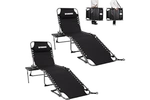 FUNDANGO Set of 2 Sun Loungers for Garden with Elastic System 5-Position Adjustable Folding Sunlounger with Hand-Carry & Shoulder-Carry Portable Lounge Chair for Garden Camping Balcony Beach