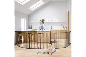 COMOMY 380cm Extra Wide Baby Gate, Dog Gates for Stairs Doorways, Fire Guard Safety Gates for Kids&Pets, Auto Close Baby Fence Barrier Indoor with Door, Hardware Mounted, 6-Panels (76cm Tall, Black)