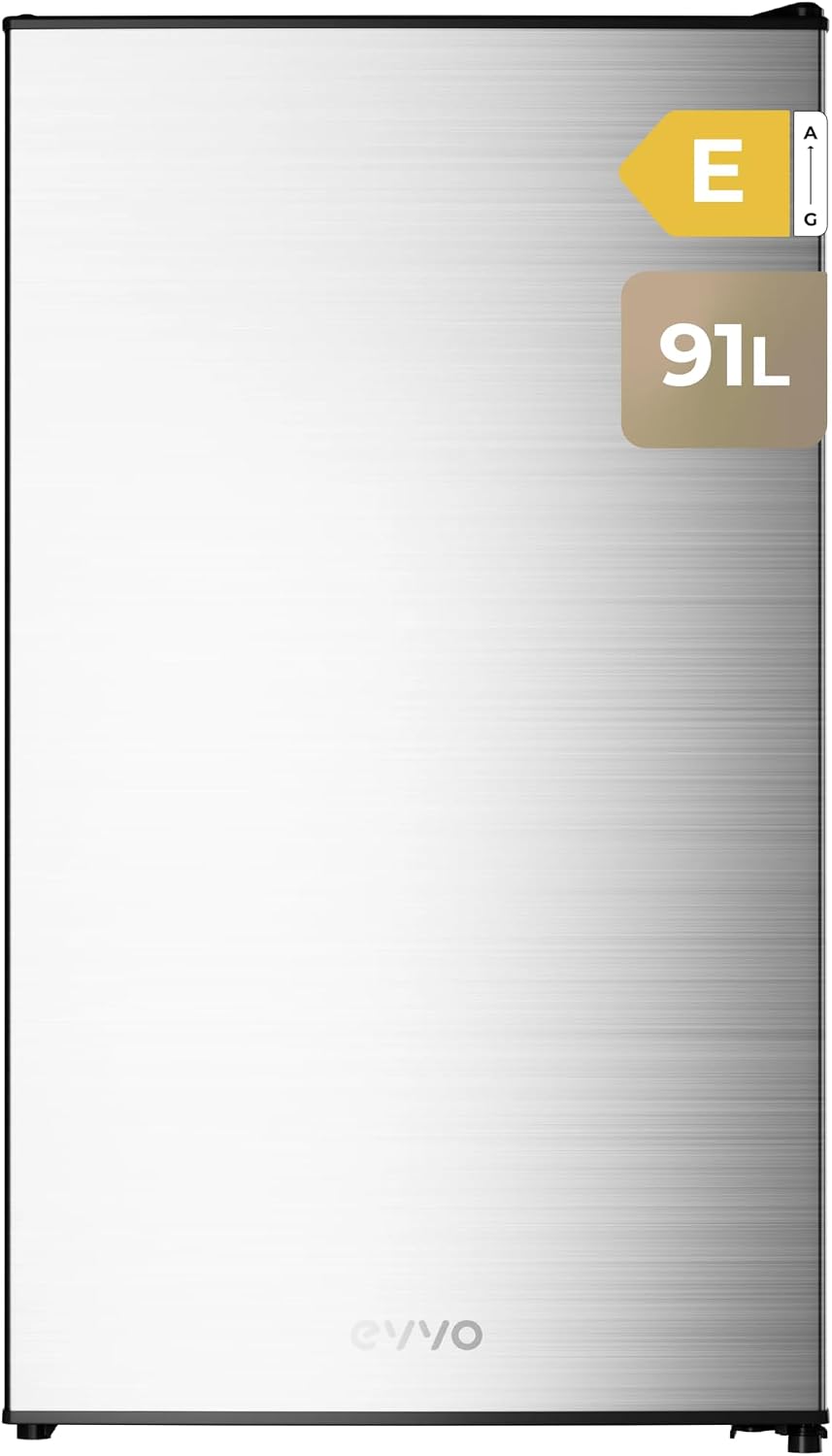 EVVO Mini Fridge F24X, 91 L, Stainless Steel, Low Consumption 85 kWh/year, Freezer Compartment, 41 dB, Compact Mini Fridge for Studios, Offices and Modern Kitchens