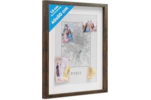 PHOTOLINI 3D Marco de fotos 40x50 cm para rellenar, roble oscuro, marco con profundidad para objetos de hasta 1,5 cm, madera MDF con paspartú y cristal - para manualidades y como regalo