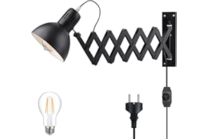 ‎BOBOPAI Sciemniana Wewnętrzna Lampa ścienna z Wtyczką I Przełącznikiem, Retro Chowany Kinkiet Nożycowy, Nowoczesna Regulowana Lampka do Czytania, Obrotowa Lampka Nocna E27 Oświetlenie ścienne Czarne