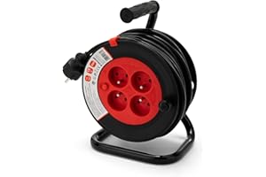 Velamp REEL-FR-15 Rallonge Prolongateur électrique 15 m avec enrouleur 4 Prises 16 A section 3G1,5 mm² + coupe-circuit. Noir et Rouge
