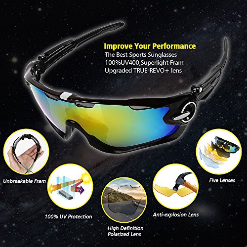 LeaningTech Unisex Fahrradbrille Sonnenbrille für Herren und Damen, Polarisiert Radbrille Sportbrille Schutzbrille mit 5 Wechselgläser, UV400 Schutzbrille für Sport Radfahren Skifahren Fishing Angeln Reiten Fahren Laufen Joggen Golf - 4