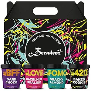 Decadenz Chocolate Gift pack | Box of 4 | Assorted Gift Basket Hamper of 4 Choco Fudge Tubs | Festive Special | Custom Messages | Gluten Free | Birthday | Anniversary | Diwali | Valentine | Rakhi | Christmas | Him | Her | Rich Creamy | Rich Dry Fruit | Silky Smooth | Hazelnut Praline | Snacky Almond | Witty Walnut | Baked Cookie