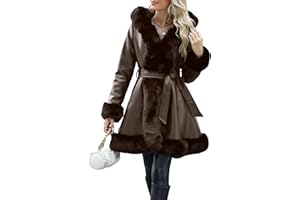 Giolshon Manteau Longue en Similicuir et Mélange de Fausse Laine pour Femme Robe en Molleton à Ceinture Parka Chaude D'hiver en Sherpa