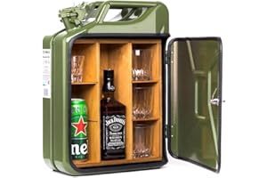 Totoll Shop 20L Kanister Bar inkl. 3 Whisky Gläser- Jerrycan 4 Herausnehmbaren Fächern Grüner Metall Mobile Bar Geburtstagsgeschenk für Männer, Abschließbarer Minibar - Größe: 36x46x18cm