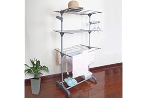 ‎XUANYU XUANYU Klappbarer Wäscheständer Standtrockner mit 4 Rollen 3 Ebenen Trockenaufhänger Wäscheständer mit Einstellbarer Schichtabstand, Grau, 72×56×152 cm, 3 Lagen