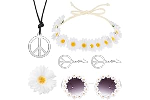 WANDERGO Conjunto de Disfraz Hippie para Mujer, 6pcs Disfraz Fiesta Hippie Costume Set, Collar y Pendientes Signo de La Paz, Gafas de Sol, Flores Diadema Hippie para Retro de Los Años 60,70 Accesorios