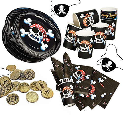Jolly Roger Piratenset + Partynelly® Bonus, für 8 Kinder, schwarzer Pirat, Teller, Servietten, Becher