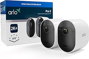 Arlo Pro 5 2K, Caméra de Surveillance WiFi Extérieure Sans Fil,Batterie rechargeable longue durée, Vision Nocturne Couleur Avancée, Sirène, Essai Arlo Secure Inclus, 2 Caméras Blanc