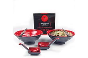 GOLIBER BALIBETOV Bol Ramen Set - Comprend des Bol Japonais en Mélamine, Baguettes, Cuillère et Petit Plat Pour Sauce - Idéal pour Ramen Japonais, Soupe Chinois ou Soupe Pho- 2 sets,8 pcs (Rouge, 2)