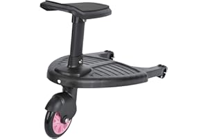 Queiting Buggy Board with Seat Standing Board Baby Jogger Travel Pram Pushchair Buggy Board Seat Connectors Strap Seat Removable and Assembling (Pink)