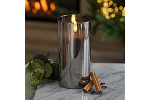 Festive Lights - LED Real Wax Candle in Smoked Glass Cylinder - Authentic Flickering Flame on Realistic Black Wick - Battery Operated with Timer (Glass, Large)