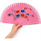 Coverzone Pembe Zeminli Katlanabilir El Yelpazesi Mavi Kırmızı &Ccedil;i&ccedil;ek Desenli Ahşap Saplı Dekoratif El Yelpazesi 40x22 cm Gele