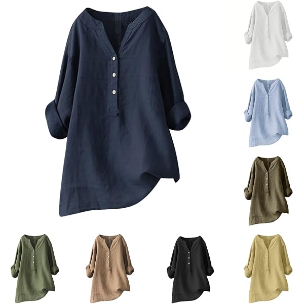 Chemise En Lin Et Coton Pour Femme – Col V, Manches Longues, Coupe Décontractée Pour L’été Et Le Quotidien