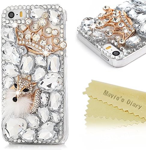 Mavis's Diary Cover for iPhone SE,iPhone 5S Case,iPhone 5 Case 3D Handmade Bling Cute Diamond Crown and Fox with Fluff Shiny Sparkle Crystal Diamonds Rhinestone Protective Clear Hard PC Cover