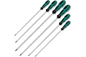 WAIZHIUA 6 Piece Long Screwdriver Set - 3 Flat & 3 Cross Heads with Extra Long Reach (3 Sizes), Professional Magnetic Slotted Phillips Screwdrivers, Ergonomic Soft Grip Handles