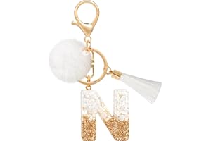 MWOOT Pompon Borlas para Letras Llaveros N, Personalizados Nombre Keychain Mosqueton, Bonitos Cadena Llaveros Casa Regalos para Amigas Keyring Moto Coche Mujer Pack Mochilas Colgante Decorativas