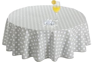 Romanstile Nappe Ronde 120cm Pois Gris et Blanc,Exterieur 100% Impermeable Jardin Anti-Taches e,Nappe Toile cirée,350GSM PVC Toile cirée,pour Pique Nique,Anniversaire,mariag,Table Basse,Picnic